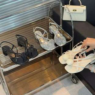 2025 New Summer Style French Thick Heel Sandals for Women, Versatile Flower Open Toe with Skirt, Holiday Style Crystal