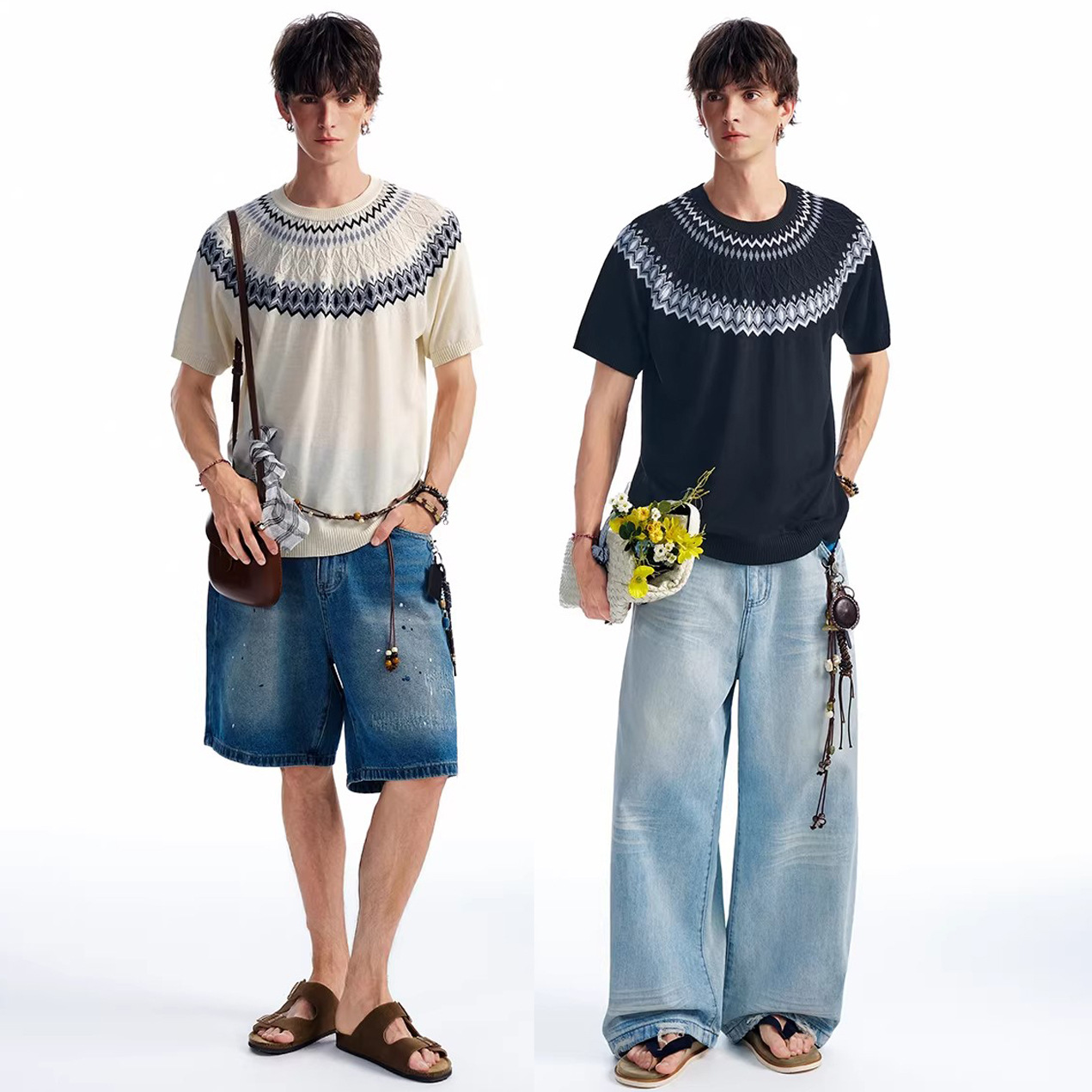 Isla de Fair camiseta de punto de manga corta camiseta de cuello redondo jacquard hombre viejo estilo casual hielo de verano fábrica transfronteriza mayorista