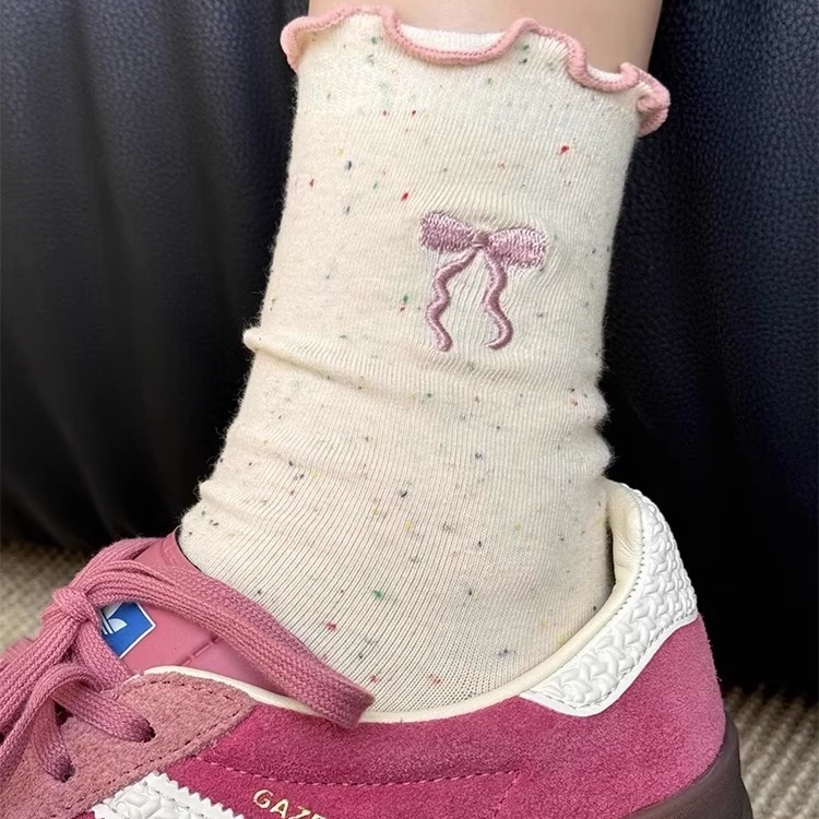 襪子女秋季點子紗刺繡蝴蝶結百搭純色中筒襪木耳邊鬆口女士堆堆襪