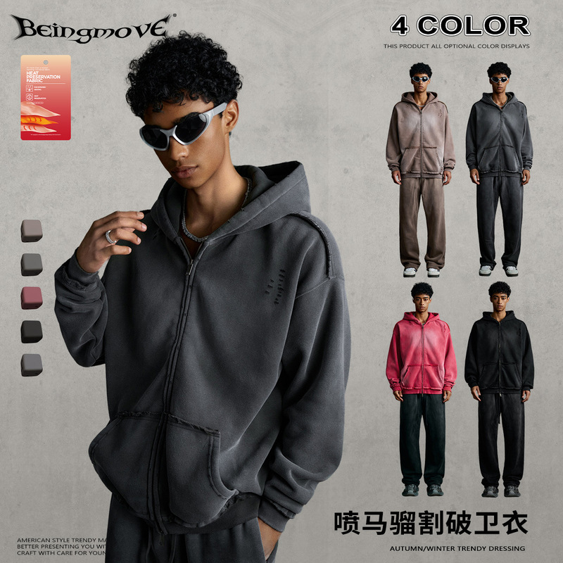 Street Style 2025 Autumn American Retro Spray Horse Cut Hoodie Sweatshirt Zipper Hooded Cardigan Jacket for Men