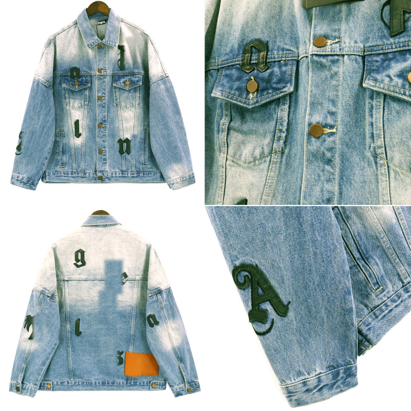 Vintage Washed Denim Jacket with Palm Angel Embroidery, Loose Fit for Men Vintage Washed Denim Jacket with Palm Angel Embroidery, Loose Fit for Men