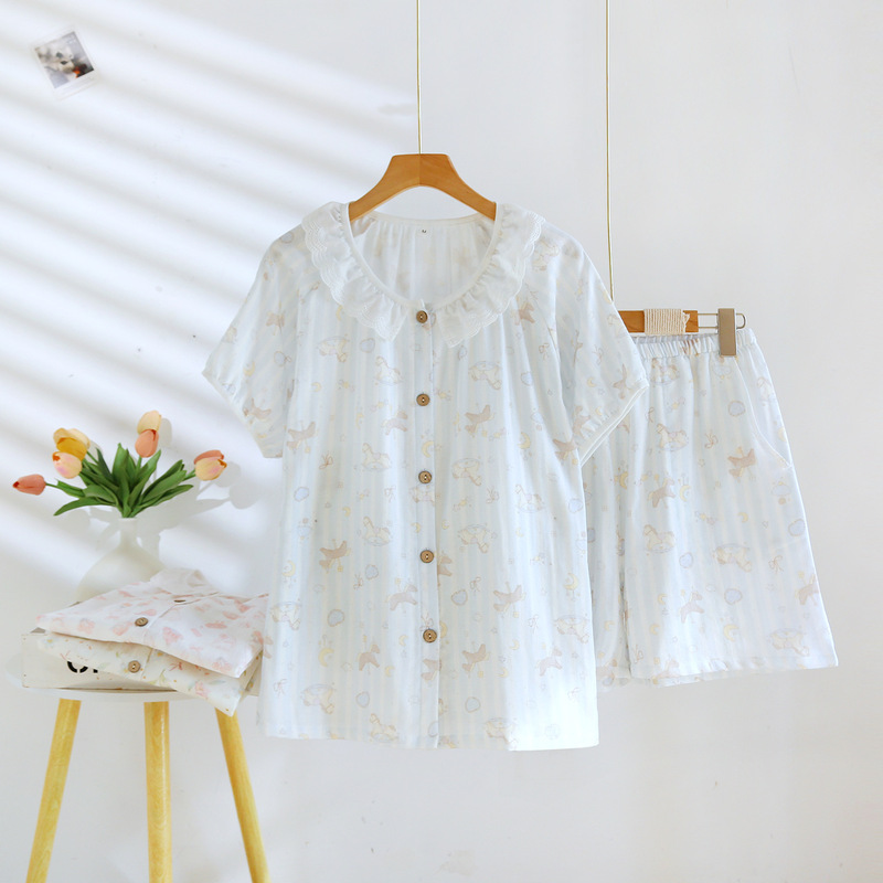 Pajamas for Women Summer Thin Pure Cotton Gauze Fresh Cartoon Summer Round Neck Cotton Short-Sleeved Shorts Home Wear Set