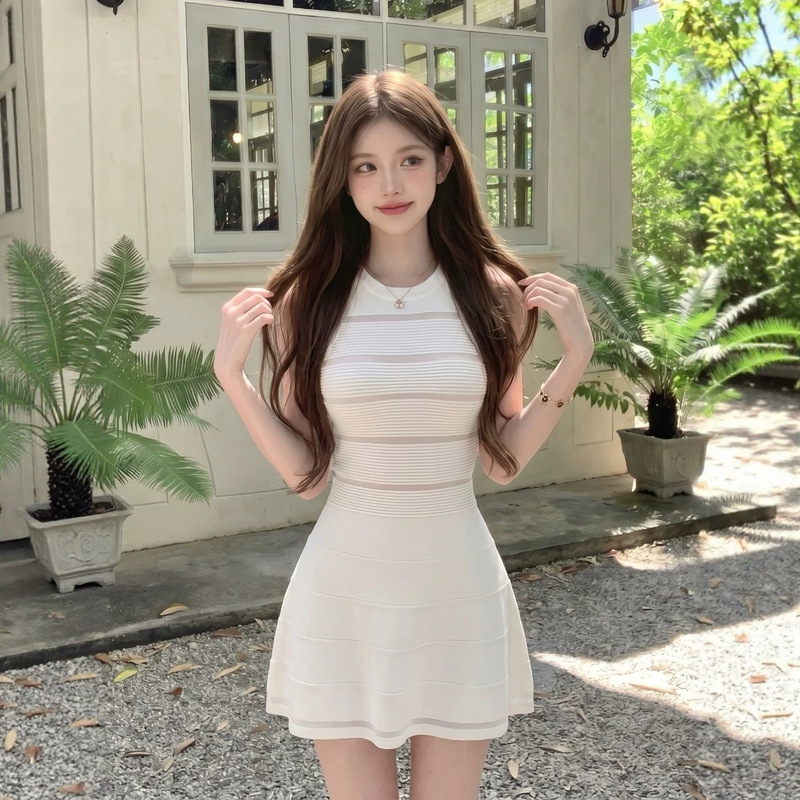 Cross-Border Cool Silk Washed Knit Sleeveless Vest Dress for Women, Summer Slim Fit, High-End Elegant Hollow-Out Waist-Cinching Dress