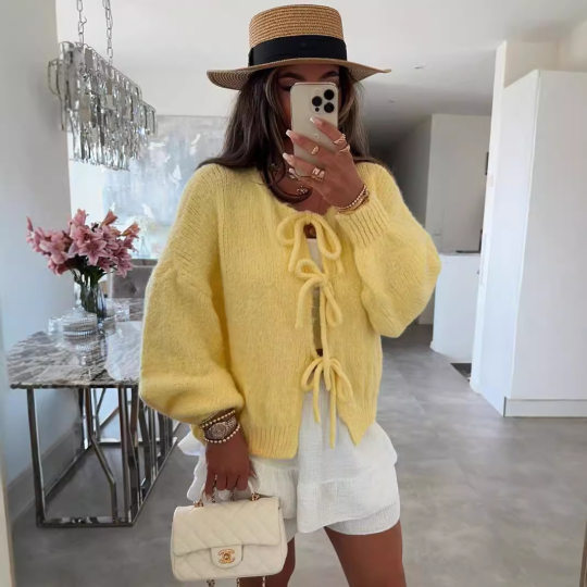 Crewneck Lace-up Knitted Cardigan Jacket 2025 European and American Cross-border Autumn and Winter New Solid Color Commuter Simple Sweater for Women