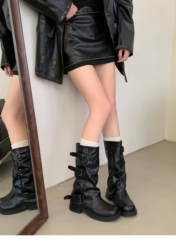 厚底百搭堆堆长筒靴皮带扣裤管靴女2025秋冬新款感牛仔骑士靴|undefined