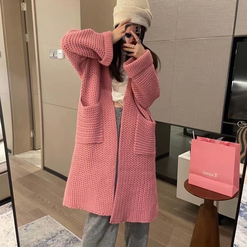 Cross-Border Autumn and Winter Thick-Knit Sweater for Women with Double Pockets, Casual Lazy Style, Mid-Length Sweater Coat, Loose Cardigan for Women Cross-Border Autumn and Winter Thick-Knit Sweater for Women with Double Pockets, Casual Lazy Style, Mid-Length Sweater Coat, Loose Cardigan for Women