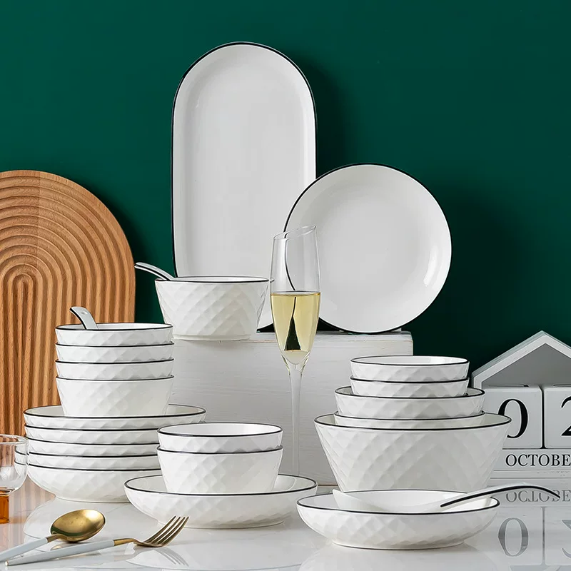 Ceramic Diamond-Pattern Soup Bowl & Dinnerware Set, White Glazed Porcelain, Multi-Piece