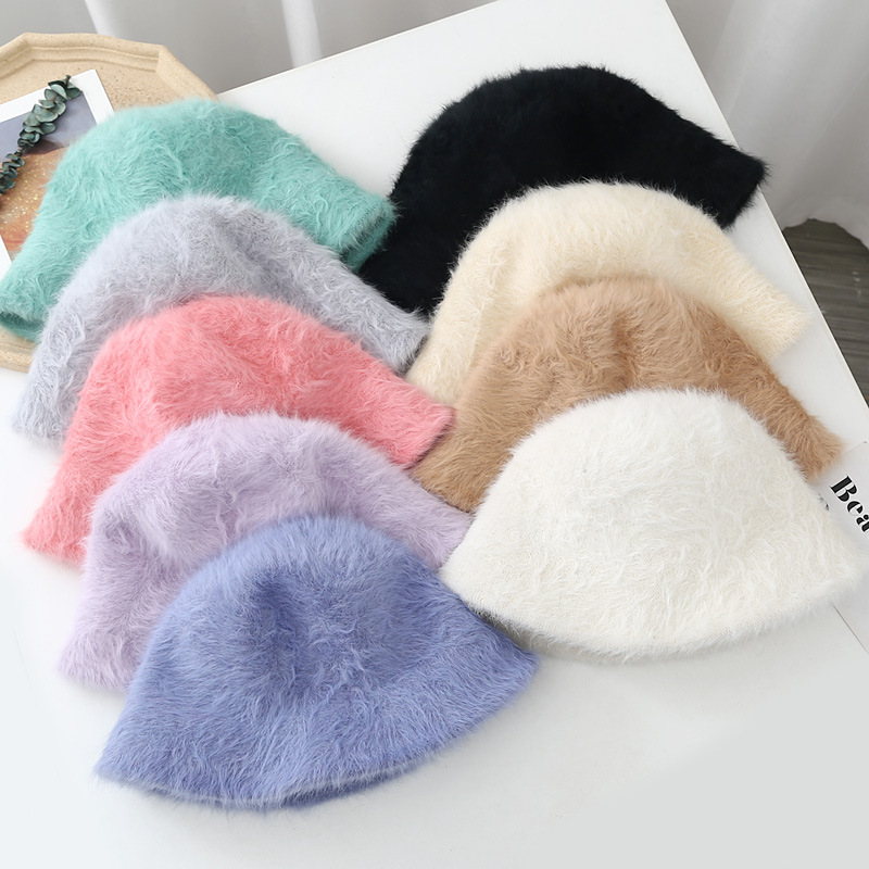 Imitation Rabbit Fur Material Solid Color Pattern Winter Season Women's Sweet Solid Color Big Eaves Bucket Hat