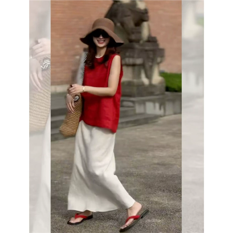 OK-062 французский элитный красный свободный топ без рукавов, уменьшающий возраст, летний комплект с простой юбкой для похудения