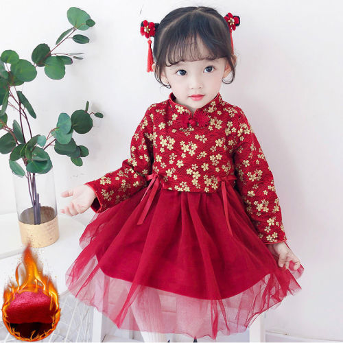 New Year's greetings clothes for girls 1-8 years old girls' autumn and winter dresses children's velvet skirts Hanfu winter girls' cheongsam dresses