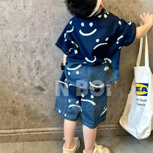 Mengkesu children's denim short-sleeved shirt 2024 summer new boys' denim suit baby shirt top