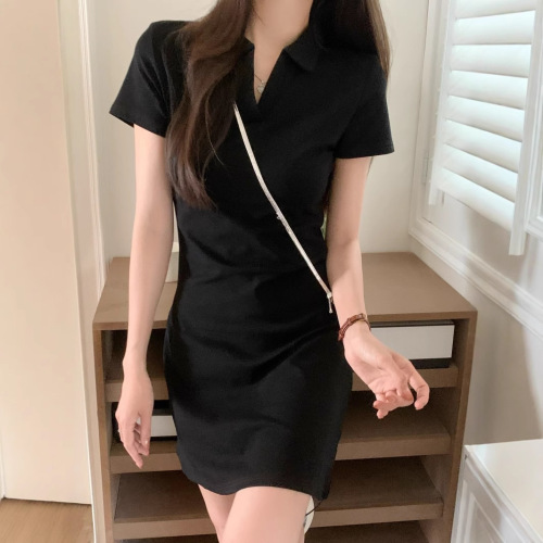 Summer Pure Desire Style Korean Polo Collar Dress for Women, Little Black Dress, Sweet and Spicy Girl, Fitted Short Sleeve Casual Women's Clothing Wholesale