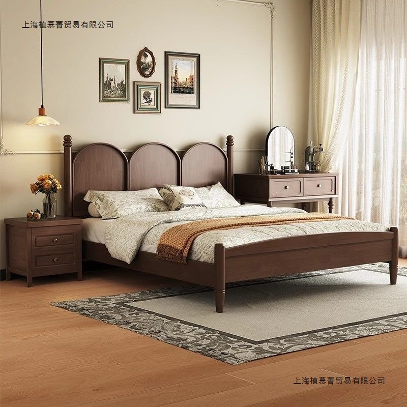 European Retro Solid Wood Bed Double Bedroom Bed Economical Mid-Century Style Petal Bedside Environmentally Friendly Large Bed with Ten-Year Warranty