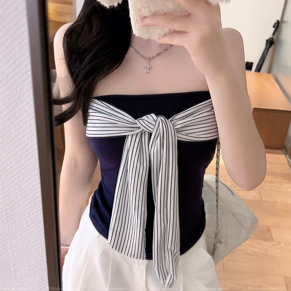 6139 # Retro Striped Strappy Tube Top Sexy Hot Girl Off-Shoulder Slim Fit Short Sleeveless Top