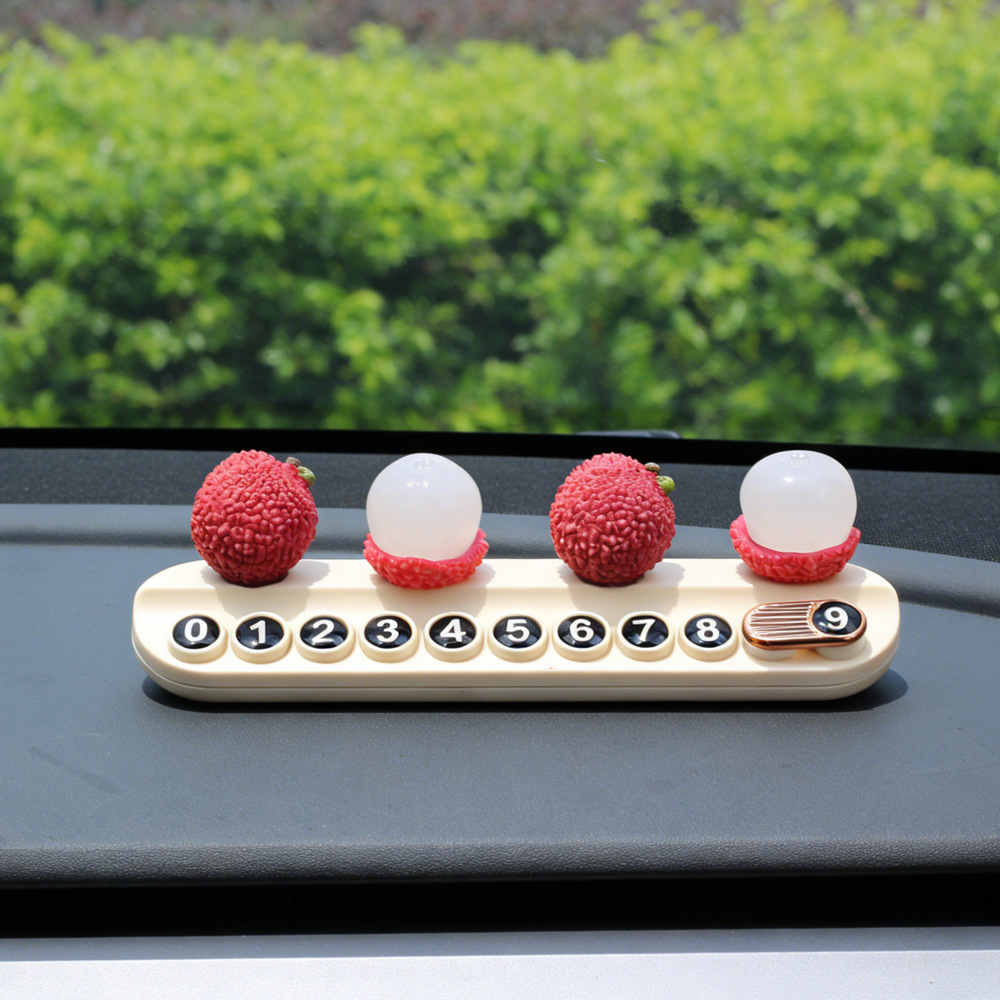 Tarjeta telefónica de movimiento de automóviles, tarjeta de estacionamiento temporal, decoración de automóviles de frutas personales, adornos de litchi