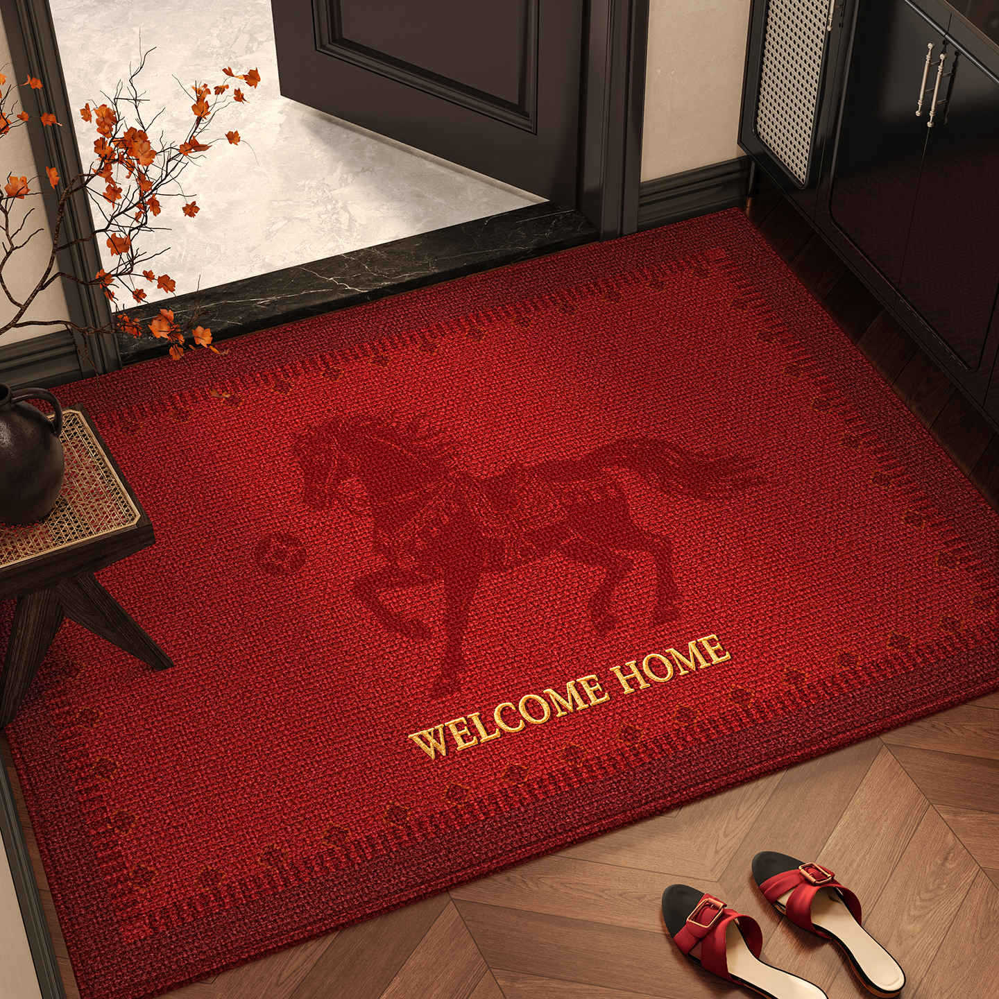 新款马年红色入户门地垫喜庆防滑除尘耐磨入户脚垫玄关大门口地毯