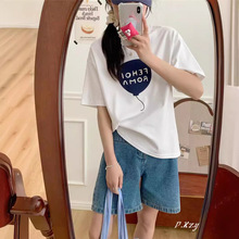 SA夏季新品女装2024韩版休闲女式短袖T恤卡通字母印花圆领小衫女