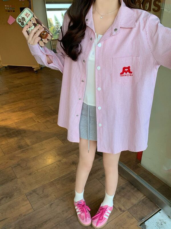 美式复古黄色条纹Polo领衬衫外套女春秋宽松休闲开衫慵懒衬衣上衣|undefined