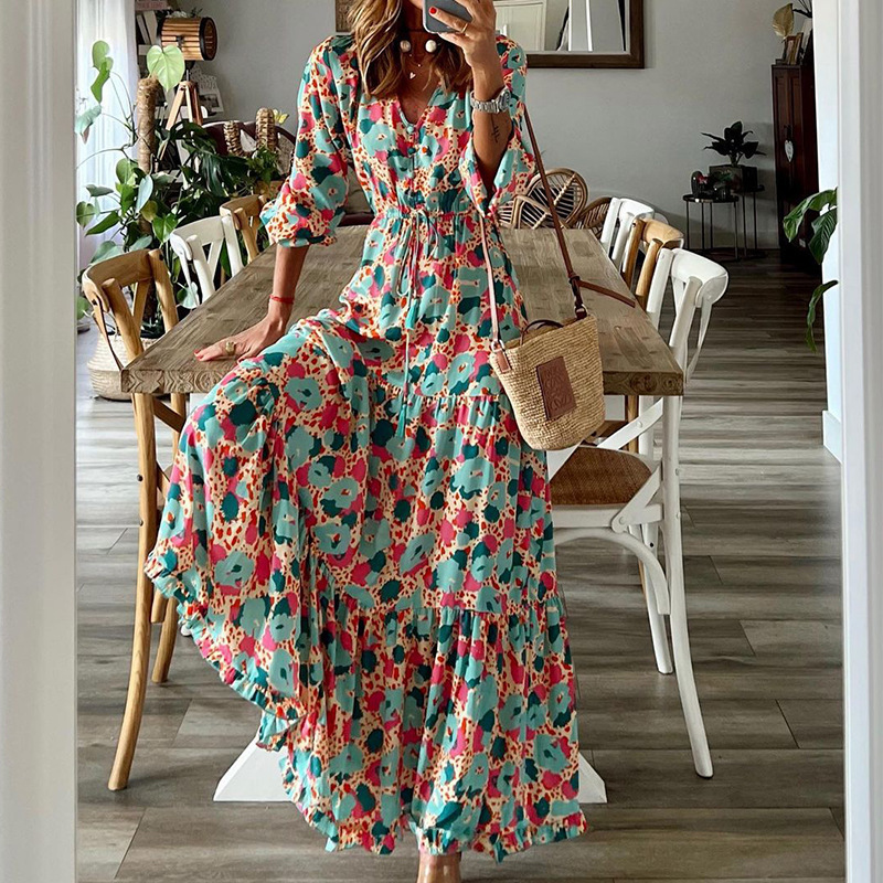 FD953 in stock 2023 autumn new cross-border women's fashion V-neck long sleeve printed loose long dress