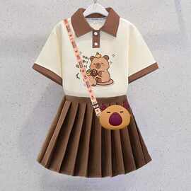 卡皮巴拉儿童套装女童卡通夏季韩版洋气百褶裙女孩学院风可爱短裙
