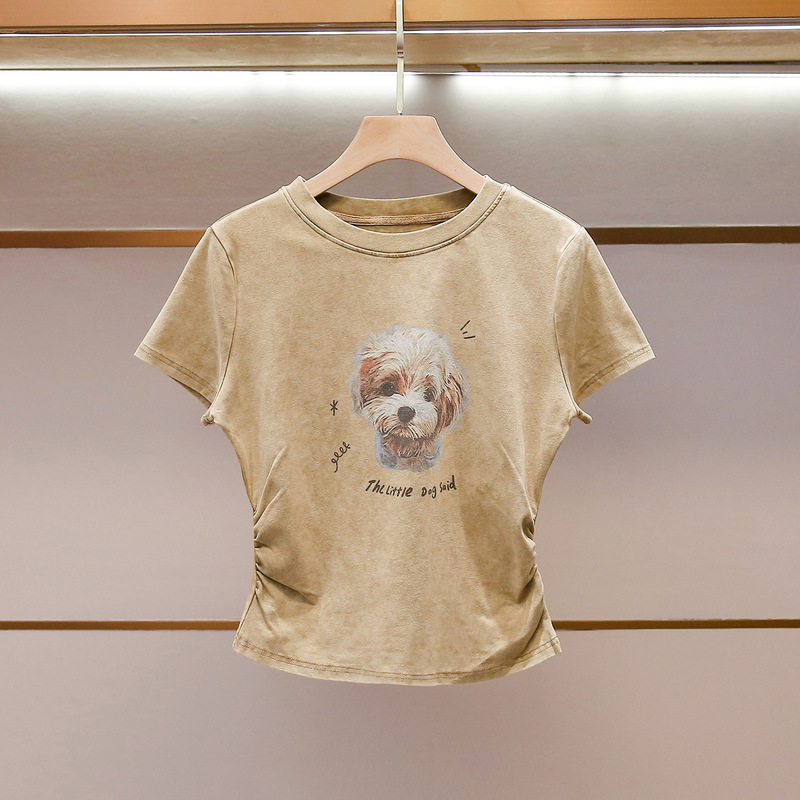 Shenzhen Nanyou High-End Women's Clothing Summer New Casual Style Fashionable Pleated Cute Puppy Print Short-Sleeved T-Shirt for Women