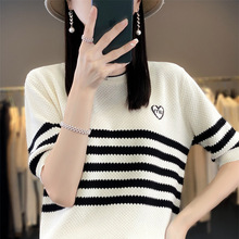 2024年年夏季新款纯棉针织衫女圆领短袖T恤爱心刺绣撞色条纹打底