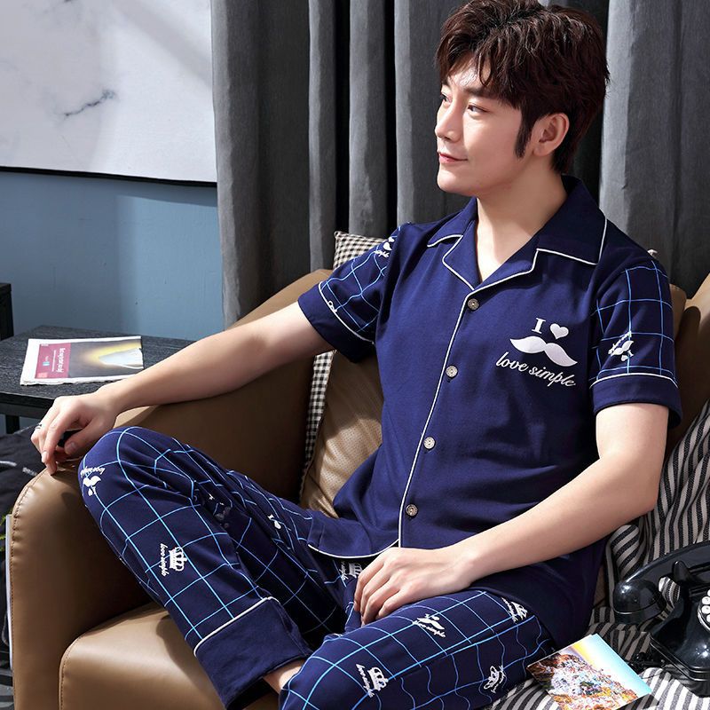 Pijama de algodón 100% de primavera y verano de los hombres pantalones de manga corta cardigan Delgado de los hombres de primavera y otoño de manga corta ropa para el hogar