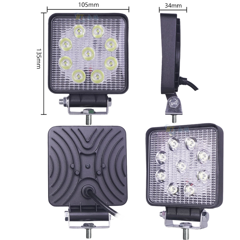 Cuadrado LED astigmatismo brillante vehículo de ingeniería 12V27w carretera carretilla elevadora cargadora excavadora iluminación delantero
