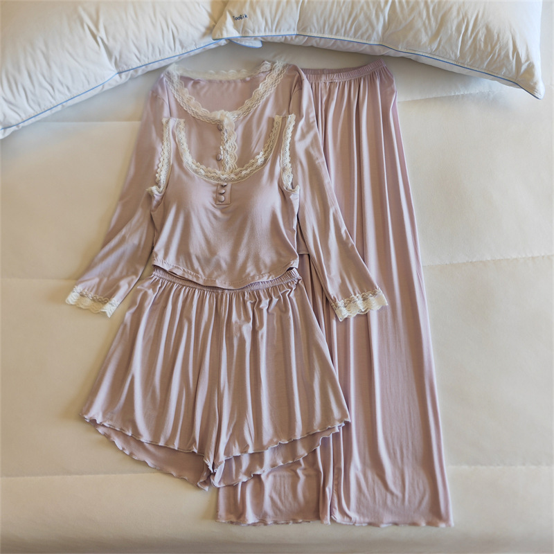Pajamas Women's Four Seasons Modal with Chest Pad Thin Sexy Lace Spring, Summer, Autumn and Winter Home Clothes suit