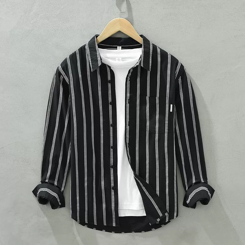 Korean-Style Men's Casual Black and White Striped Long-Sleeve Shirt, Summer Versatile Top, Factory Wholesale Korean-Style Men's Casual Black and White Striped Long-Sleeve Shirt, Summer Versatile Top, Factory Wholesale