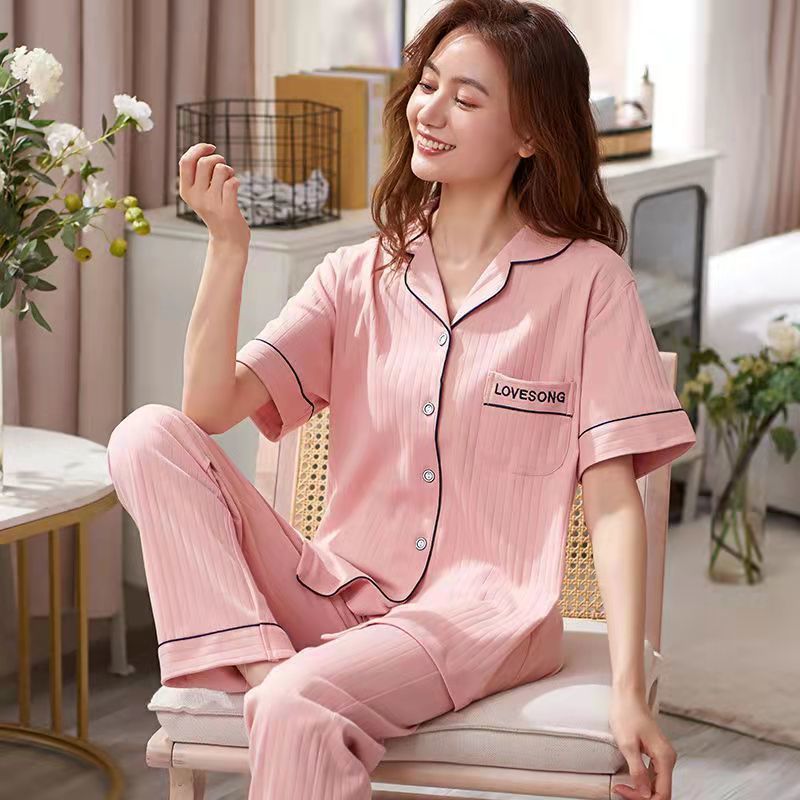 Pijamas pantalones de manga corta de algodón de verano de las mujeres traje de ropa para el hogar primavera y otoño Chaqueta de punto de las mujeres de la solapa delgada se puede usar fuera