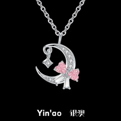 S925纯银月亮蝴蝶结项链女生2025年法式高级设计送女友情人节礼物