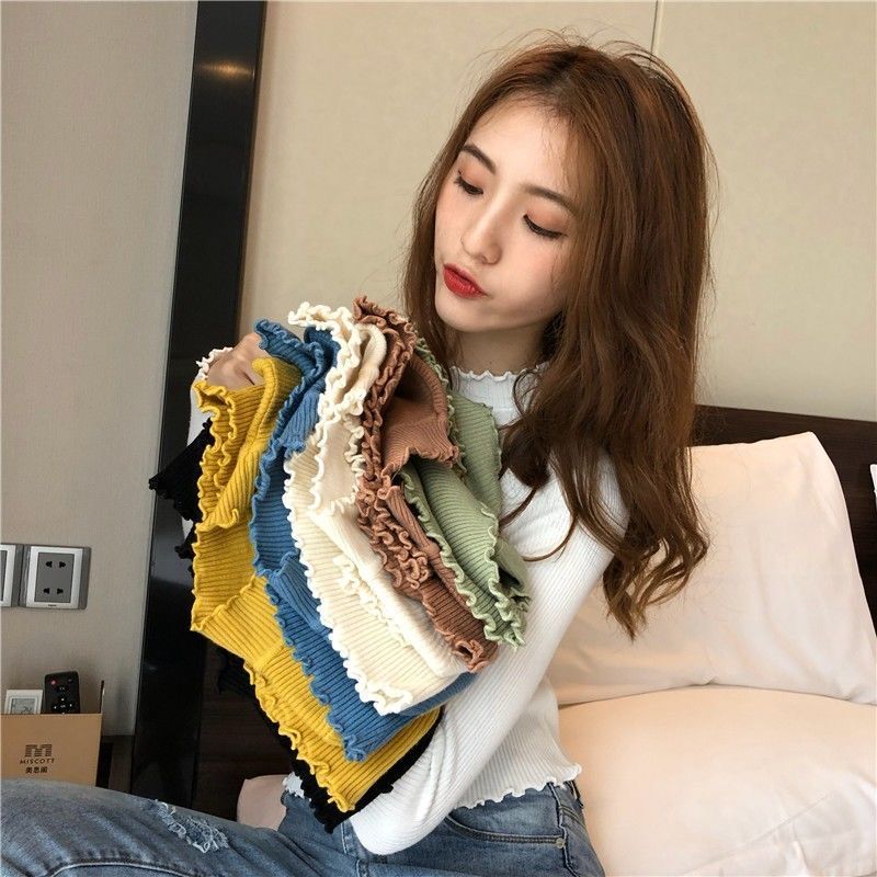 Cream-colored, half-high-neck, ruffled-knit top, versatile mid-neck base layer, long-sleeved shirt