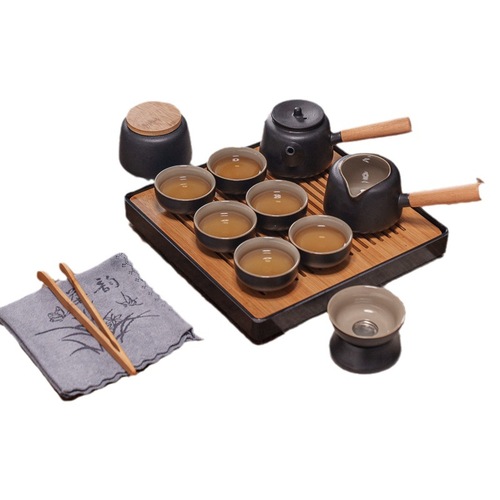 Black pottery Kung Fu tea set complete set home office teapot tea cup simple covered bowl tea can full set tea tray