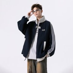 美式拼接运动卫衣男春秋季新款潮牌休闲外套高街立领条纹棒球服潮