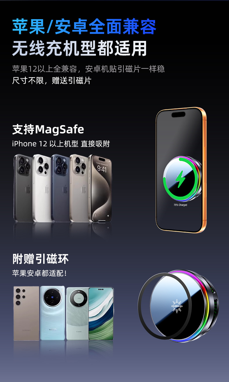 Cross-Border Carefully Selected Qi2 Magnetic Car Wireless Charging Holder 25W Semiconductor Cooling and Heat Dissipation Car Navigation Phone Holder