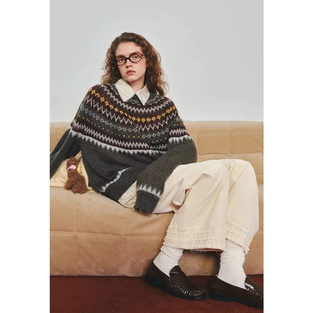 四媛费尔岛提花法式慵懒氛围羊毛马海毛保暖套头毛衣针织上衣1104