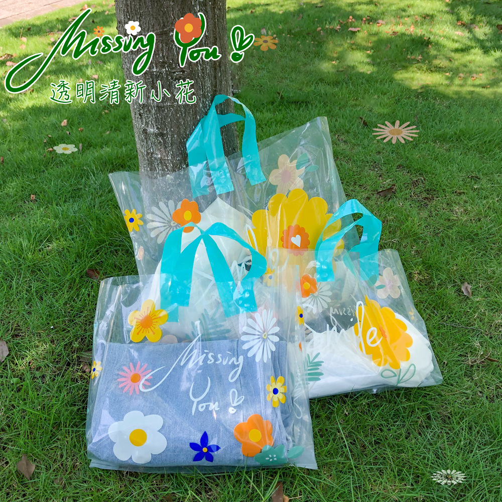 New style transparent flower handbag clothing store bag gift bag high-end plastic bag packing bag fresh and clean bag