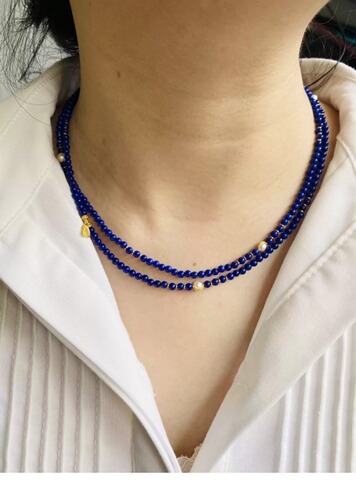 3mm Extra Fine Natural Lapis Lazuli Necklace/Bracelet with S925 Silver Accents Retro DIY Design Double Loop Women's Lockchain