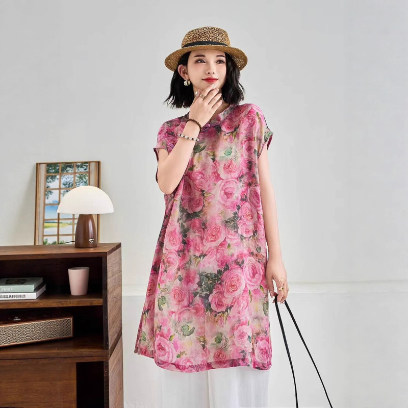 2025 New Style Ramie Stand Collar Flying Sleeve Mid-Length Shirt Retro Literary Buttoned Diagonal Placket Printed Women's Top 2025 New Style Ramie Stand Collar Flying Sleeve Mid-Length Shirt Retro Literary Buttoned Diagonal Placket Printed Women's Top