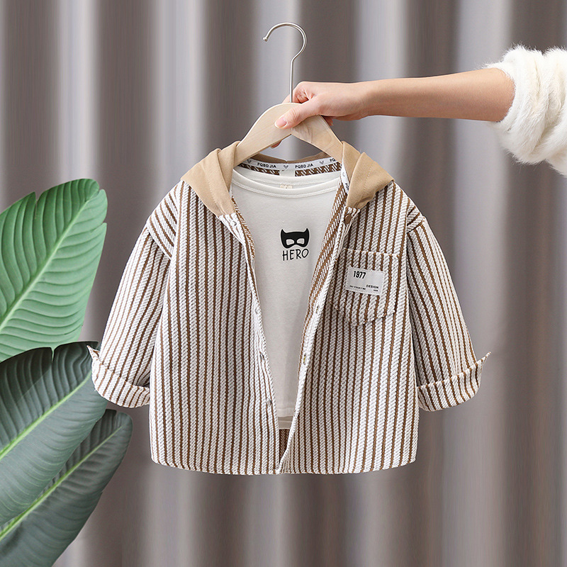 7636 Chaqueta con capucha para niños Camisa a rayas de primavera y otoño de estilo occidental 2025 nueva camisa de manga larga para niños de primavera