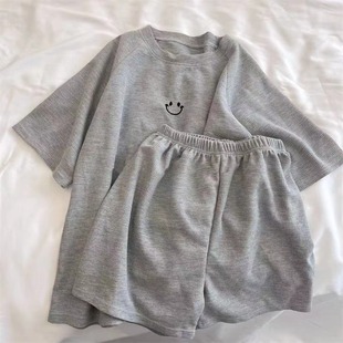 2023 Summer New ins Simple Small Smiley Girl's Casual Short Sleeve Pajamas Women's Round Neck Loose Home Clothes