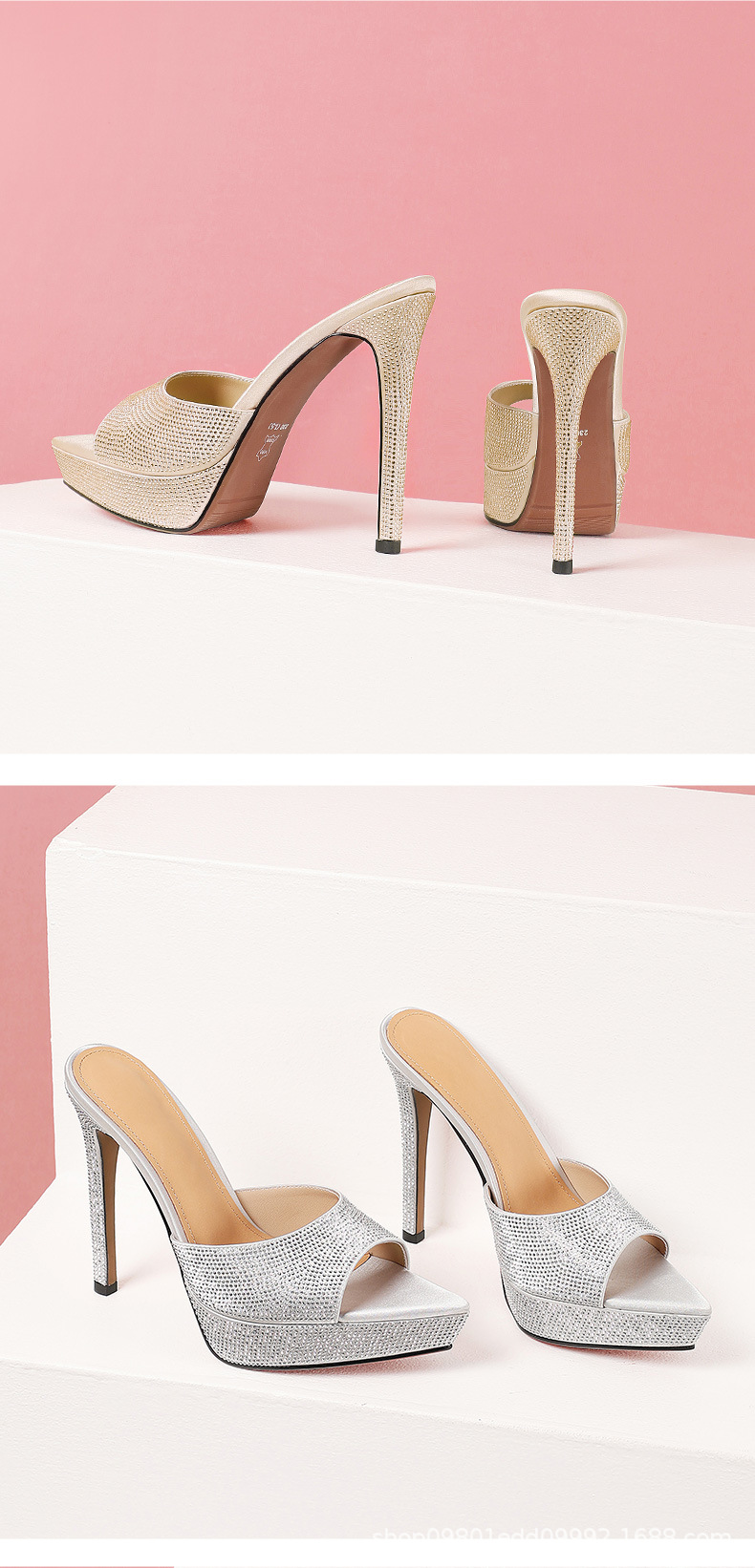 Sandal cao gót nữ hở mũi đính đá platform gót nhọn 9 cm — Champagne màu chi tiết 9