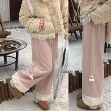 甜美可爱小清新少女羊羔绒拼接小毛球加绒灯芯绒长裤休闲裤女春夏