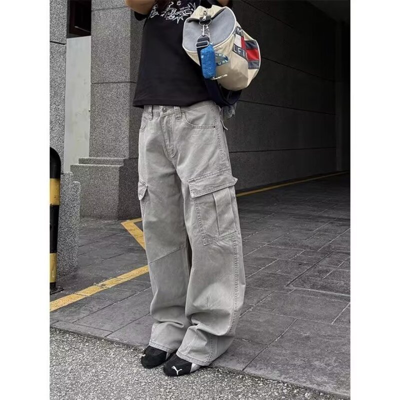 美式高街大口袋弯刀裤女工装裤设计感宽松褶皱嘻哈休闲水洗长裤潮|undefined