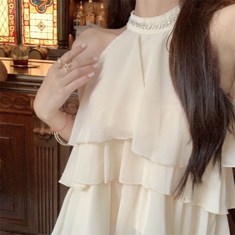 ホットガールノースリーブショルダーシャツ夏ルーズフリルデザイン不規則なシフォンシャツトップスダイヤモンドホルタートップ|undefined