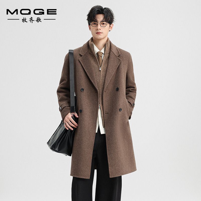 2025 Autumn and Winter Men's Double-Sided Woolen Outwear Mid-Length Suit Collar Double-Breasted Woolen Windbreaker Jacket