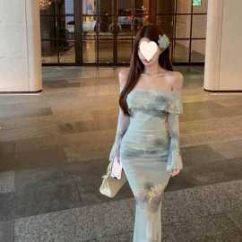 新中式一字肩网纱长袖连衣裙女夏季性感修身包臀鱼尾礼服旗袍长裙