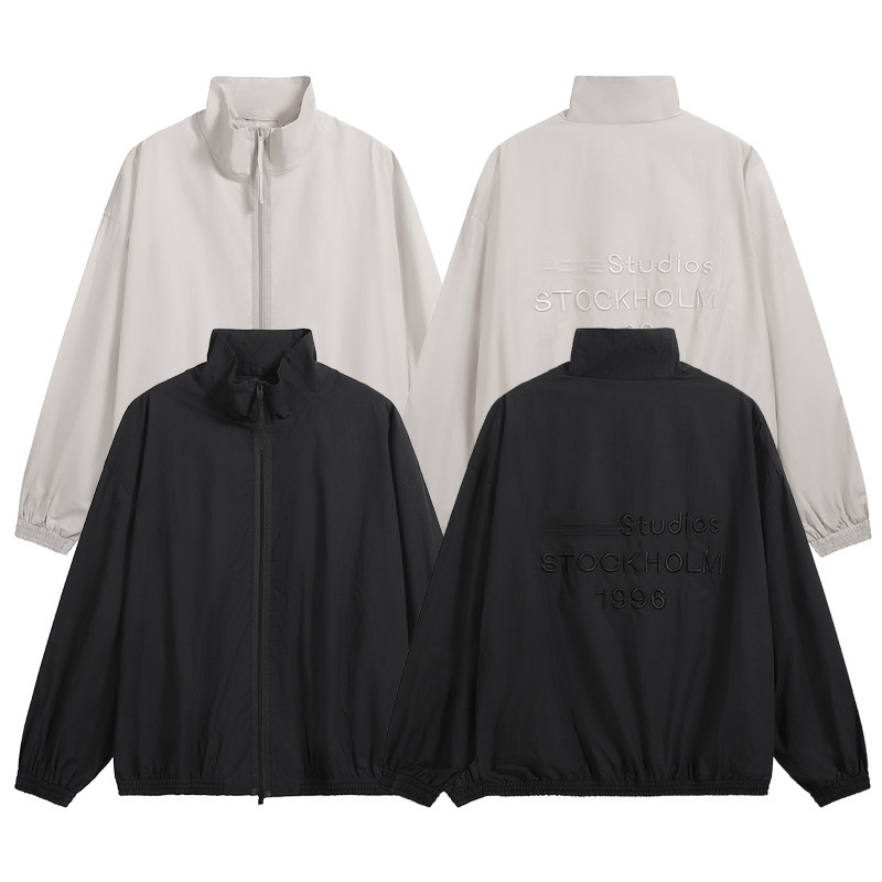 Cross-border autumn/winter AC letter embroidery 1996 stand collar zip-up trench coat jacket unisex loose casual coat trendy