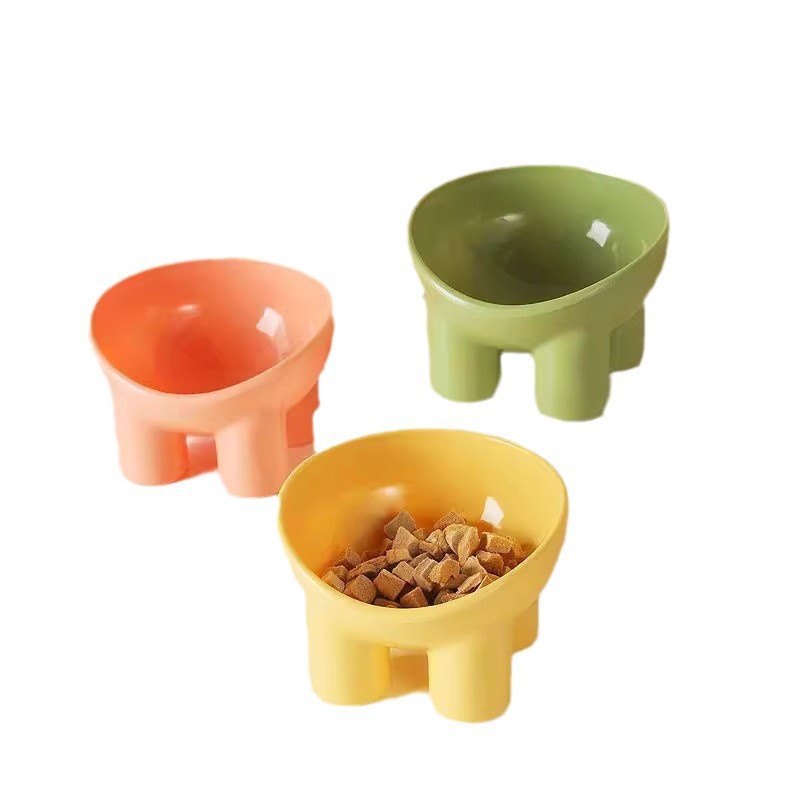 Suministros para mascotas color macaron cuello biselado anti-volcado patas de elefante de plástico patas altas tazón para gatos tazón para mascotas al por mayor